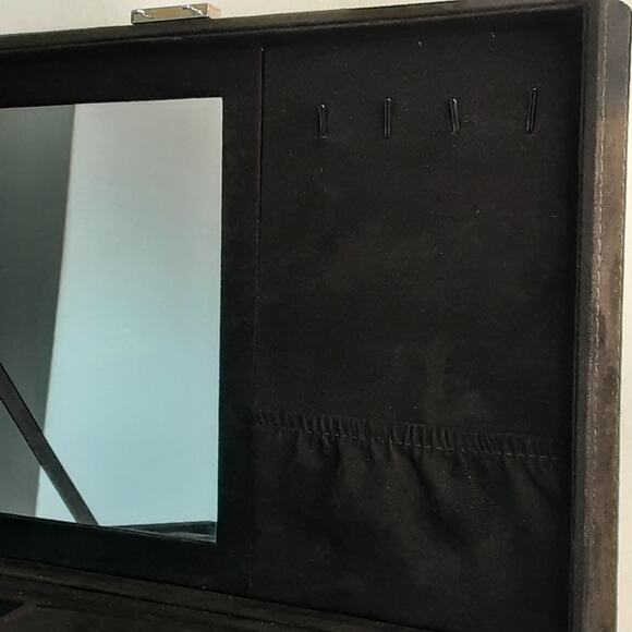 Black Velvety Fabric Lined Jewelry Box Multi Compartments Mirror Locking  Key - Picture 9 of 13